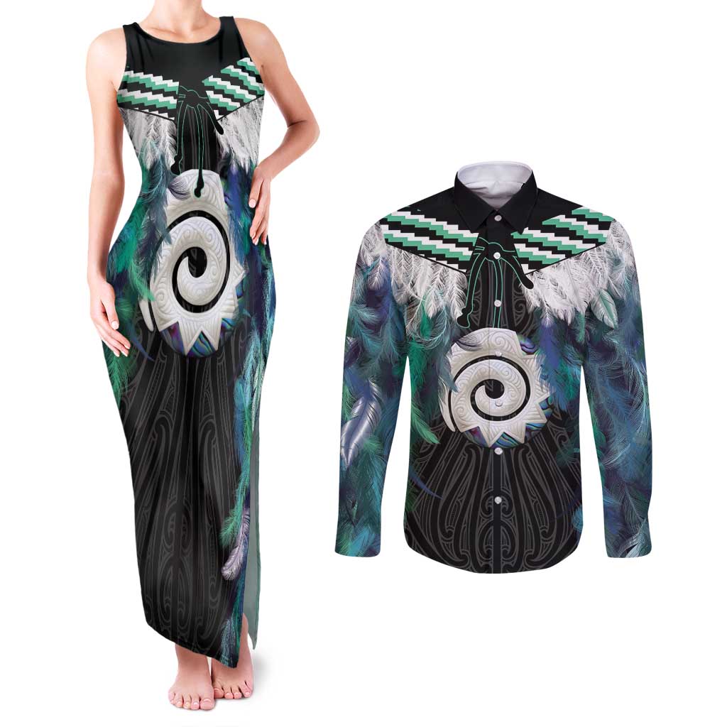 Aotearoa Korowai Motif Couples Matching Tank Maxi Dress and Long Sleeve Button Shirt Maori Koru Poutama LT14 Turquoise - Polynesian Pride