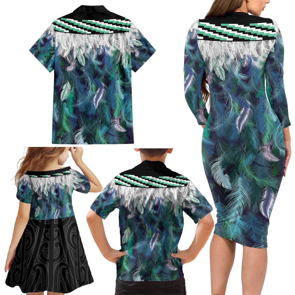Aotearoa Korowai Motif Family Matching Long Sleeve Bodycon Dress and Hawaiian Shirt Maori Koru Poutama LT14 - Polynesian Pride