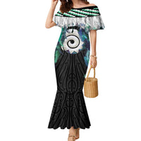 Aotearoa Korowai Motif Family Matching Mermaid Dress and Hawaiian Shirt Maori Koru Poutama LT14 Mom's Dress Turquoise - Polynesian Pride