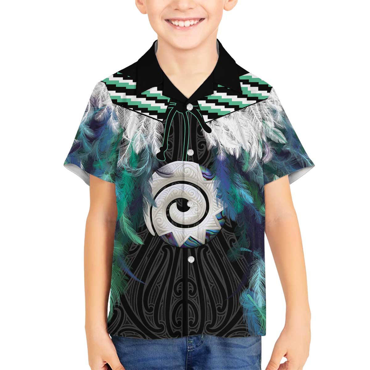 Aotearoa Korowai Motif Family Matching Off The Shoulder Long Sleeve Dress and Hawaiian Shirt Maori Koru Poutama