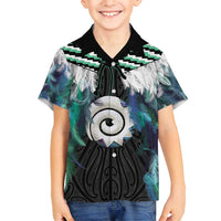 Aotearoa Korowai Motif Family Matching Off Shoulder Short Dress and Hawaiian Shirt Maori Koru Poutama LT14 Son's Shirt Turquoise - Polynesian Pride