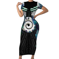 Aotearoa Korowai Motif Family Matching Short Sleeve Bodycon Dress and Hawaiian Shirt Maori Koru Poutama LT14 Mom's Dress Turquoise - Polynesian Pride