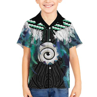 Aotearoa Korowai Motif Family Matching Short Sleeve Bodycon Dress and Hawaiian Shirt Maori Koru Poutama LT14 Son's Shirt Turquoise - Polynesian Pride