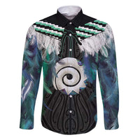 Aotearoa Korowai Motif Family Matching Summer Maxi Dress and Hawaiian Shirt Maori Koru Poutama LT14 Dad's Shirt - Long Sleeve Turquoise - Polynesian Pride
