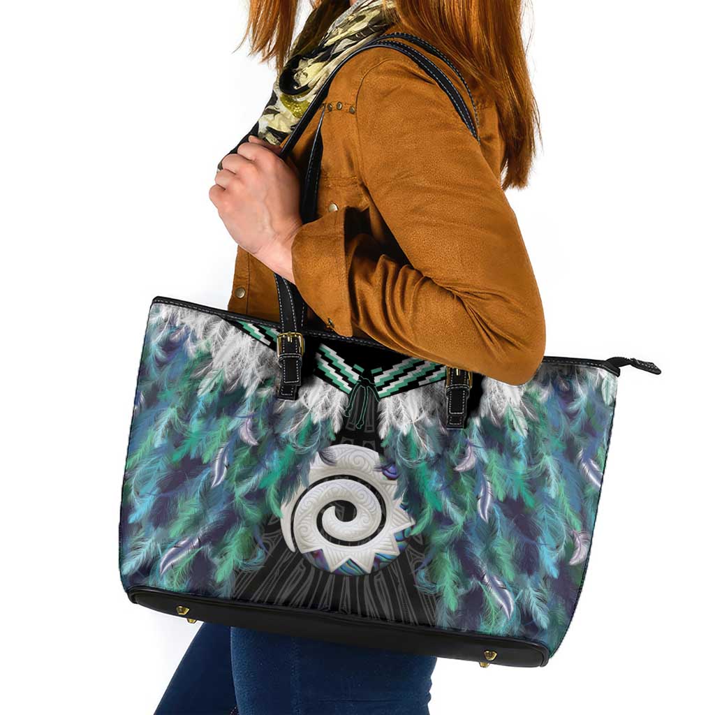 Aotearoa Korowai Motif Leather Tote Bag Maori Koru Poutama LT14 Turquoise - Polynesian Pride