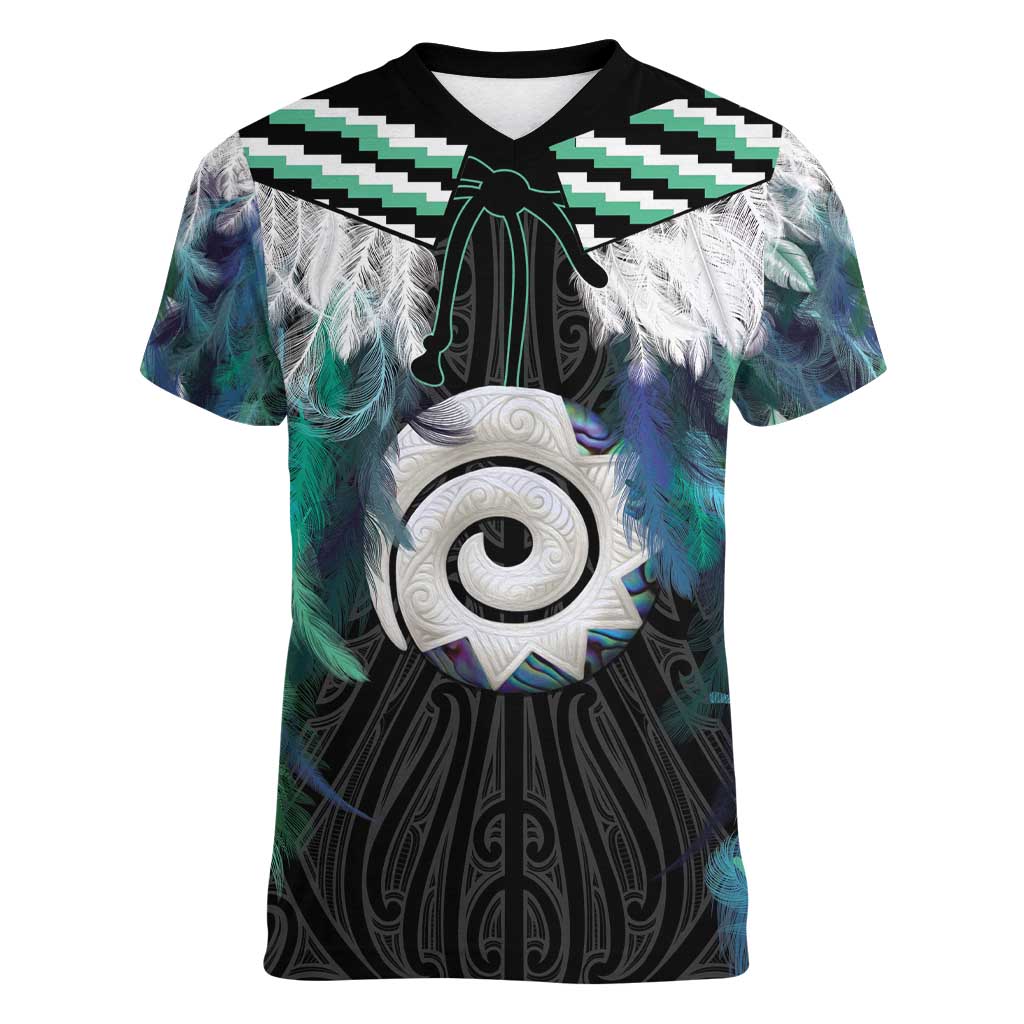 Aotearoa Korowai Motif Women V-Neck T-Shirt Maori Koru Poutama LT14 Female Turquoise - Polynesian Pride