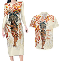 Heiva i Tahiti Couples Matching Long Sleeve Bodycon Dress and Hawaiian Shirt Ori Tahitian Dance Tiare Maori LT14 Beige - Polynesian Pride