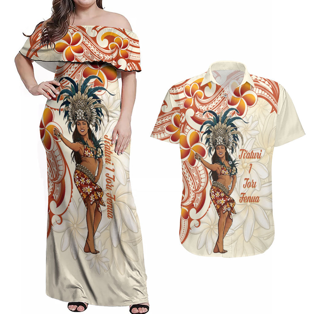 Heiva i Tahiti Couples Matching Off Shoulder Maxi Dress and Hawaiian Shirt Ori Tahitian Dance Tiare Maori LT14 Beige - Polynesian Pride