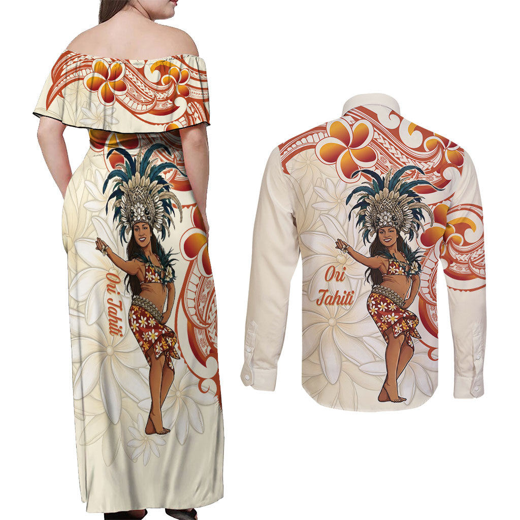 Heiva i Tahiti Couples Matching Off Shoulder Maxi Dress and Long Sleeve Button Shirt Ori Tahitian Dance Tiare Maori LT14 - Polynesian Pride