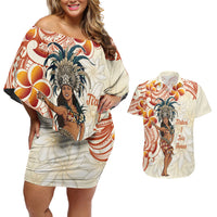 Heiva i Tahiti Couples Matching Off Shoulder Short Dress and Hawaiian Shirt Ori Tahitian Dance Tiare Maori LT14 Beige - Polynesian Pride