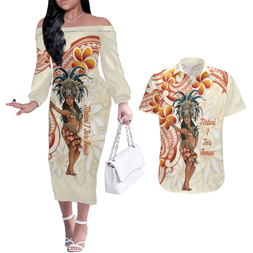 Heiva i Tahiti Couples Matching Off The Shoulder Long Sleeve Dress and Hawaiian Shirt Ori Tahitian Dance Tiare Maori LT14 Beige - Polynesian Pride