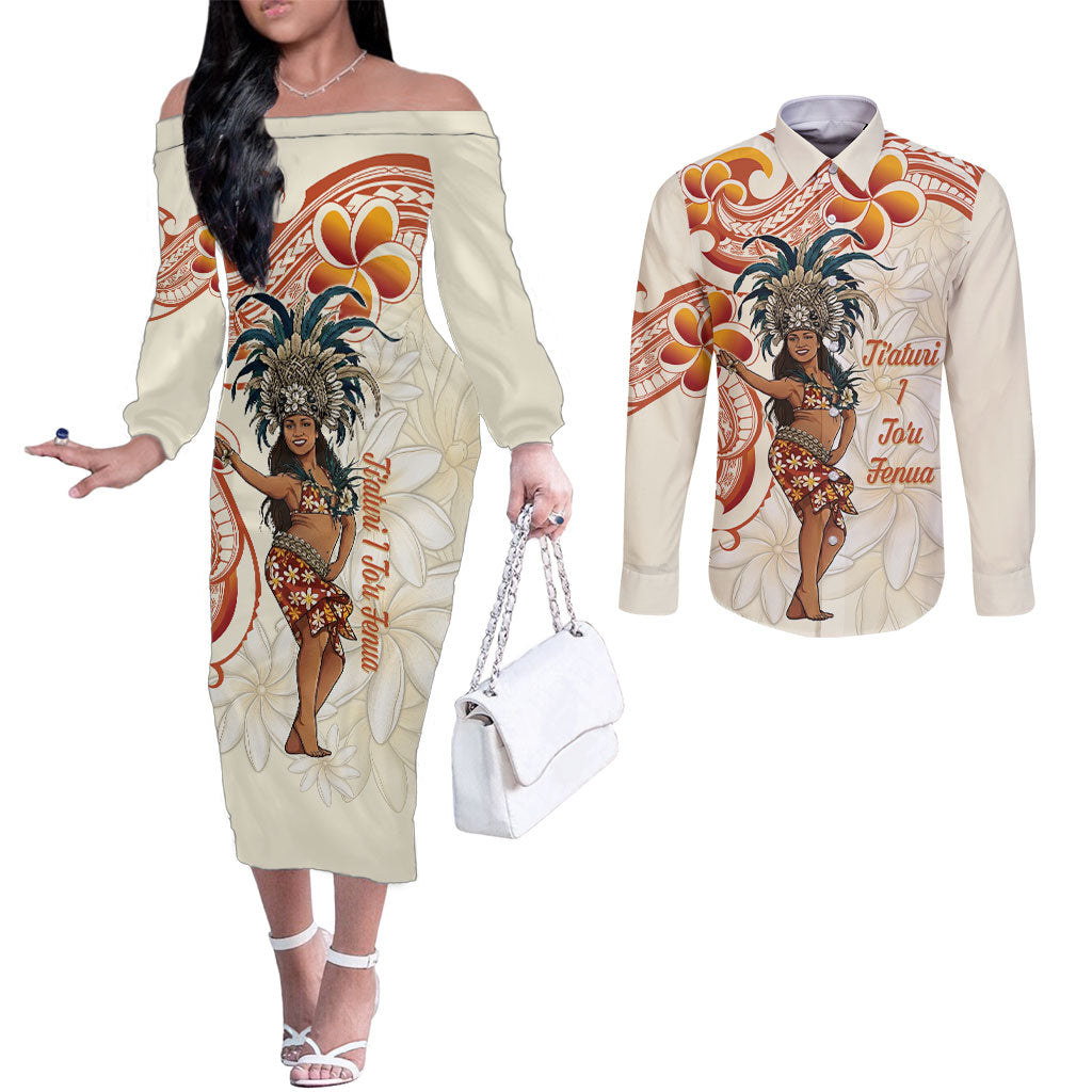 Heiva i Tahiti Couples Matching Off The Shoulder Long Sleeve Dress and Long Sleeve Button Shirt Ori Tahitian Dance Tiare Maori