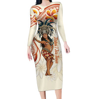 Heiva i Tahiti Family Matching Long Sleeve Bodycon Dress and Hawaiian Shirt Ori Tahitian Dance Tiare Maori LT14 Mom's Dress Beige - Polynesian Pride