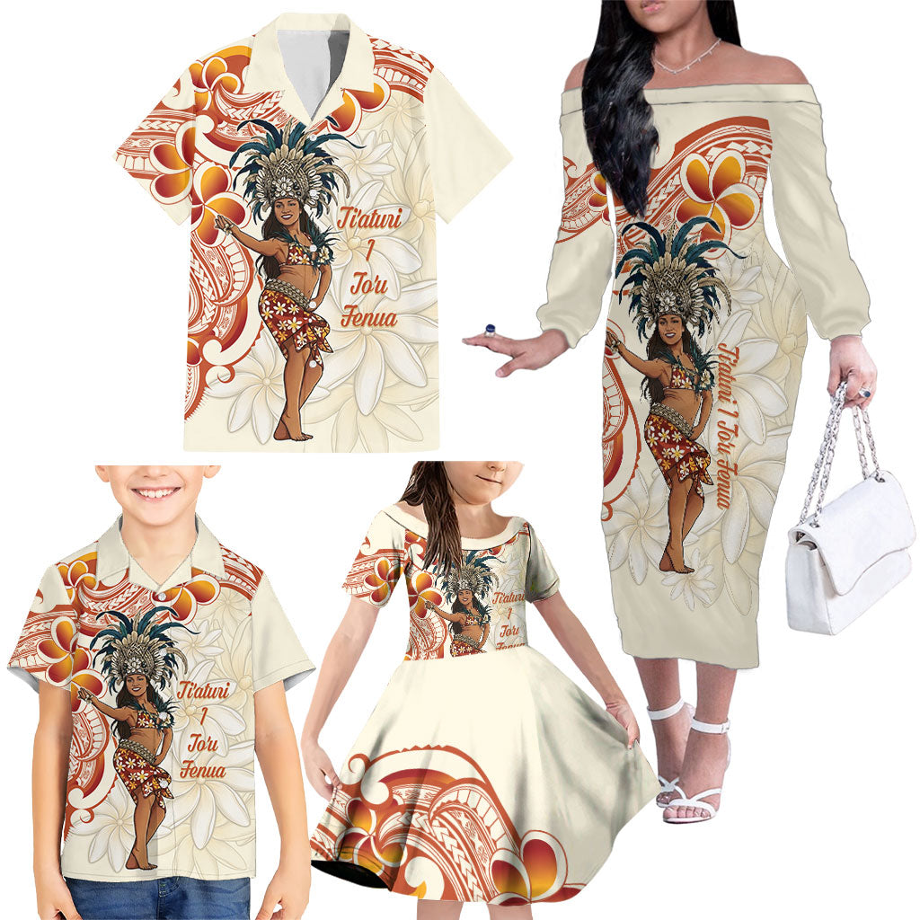 Heiva i Tahiti Family Matching Off The Shoulder Long Sleeve Dress and Hawaiian Shirt Ori Tahitian Dance Tiare Maori