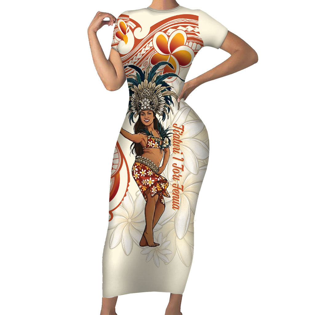Heiva i Tahiti Family Matching Short Sleeve Bodycon Dress and Hawaiian Shirt Ori Tahitian Dance Tiare Maori LT14 Mom's Dress Beige - Polynesian Pride