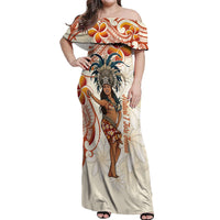 Heiva i Tahiti Off Shoulder Maxi Dress Ori Tahitian Dance Tiare Maori LT14 Women Beige - Polynesian Pride