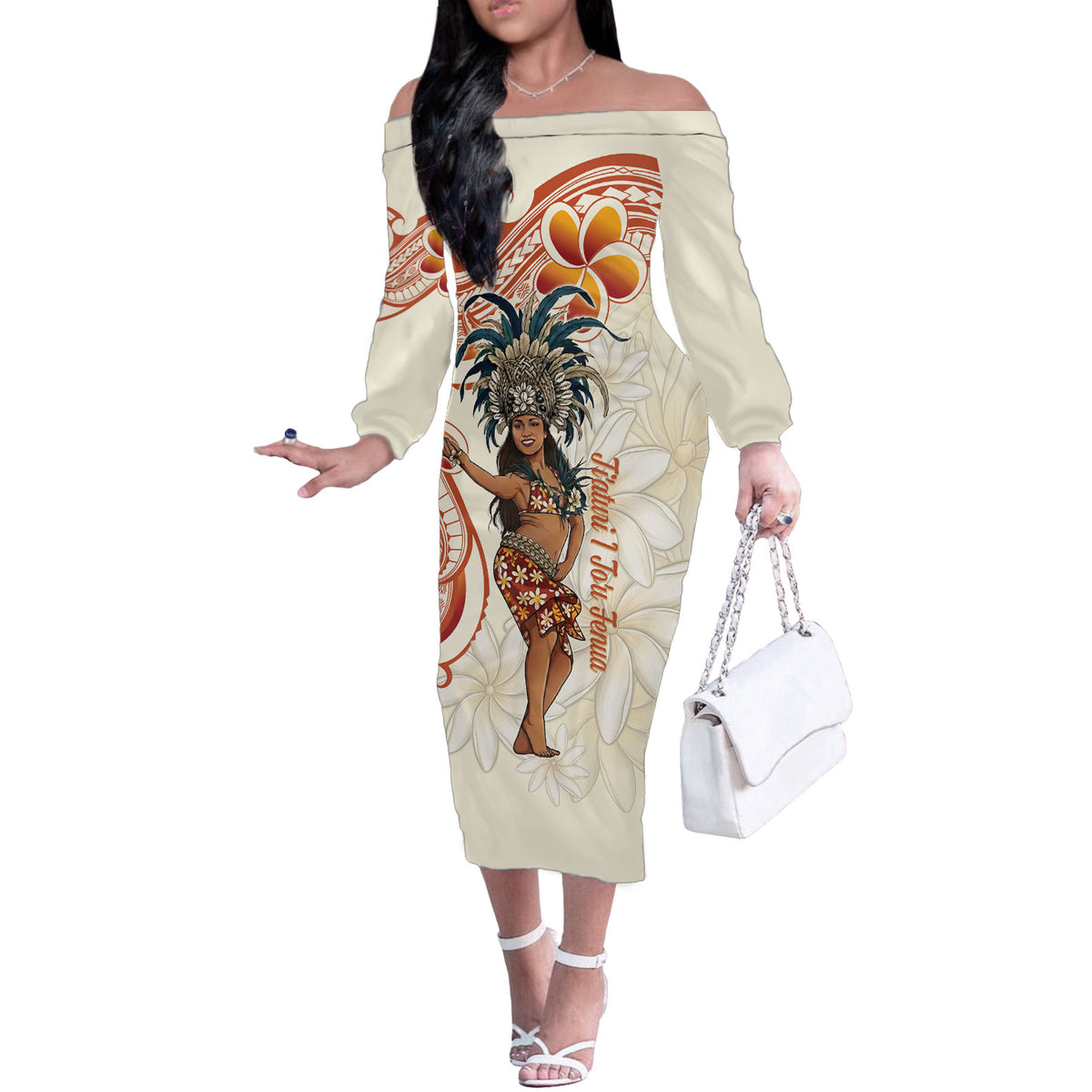 Heiva i Tahiti Off The Shoulder Long Sleeve Dress Ori Tahitian Dance Tiare Maori LT14 Women Beige - Polynesian Pride