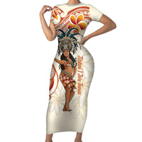 Heiva i Tahiti Short Sleeve Bodycon Dress Ori Tahitian Dance Tiare Maori LT14 Long Dress Beige - Polynesian Pride