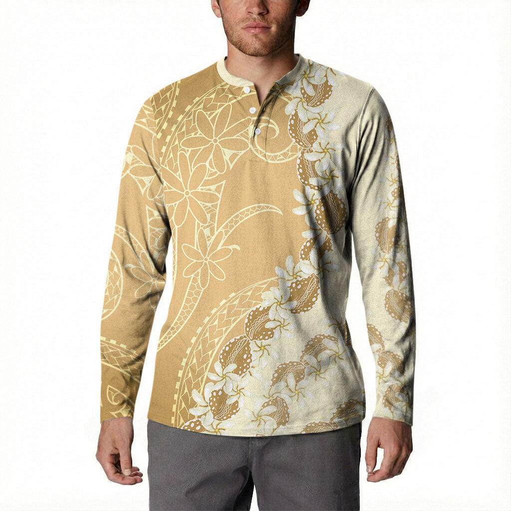 Heiva i Tahiti Button Sweatshirt Tahitian Tiare Maori Cowrie Lei Brown