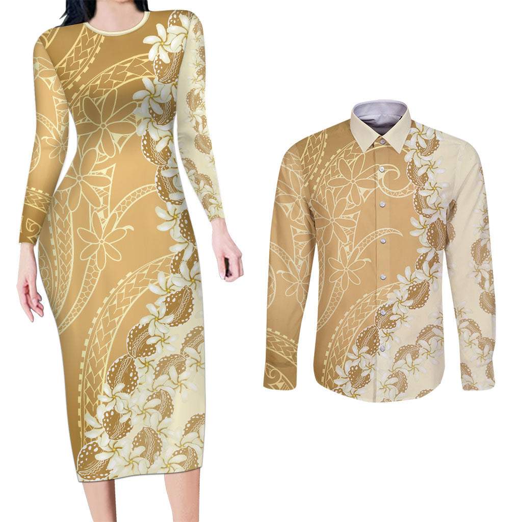 Heiva i Tahiti Couples Matching Long Sleeve Bodycon Dress and Long Sleeve Button Shirt Tahitian Tiare Maori Cowrie Lei Brown