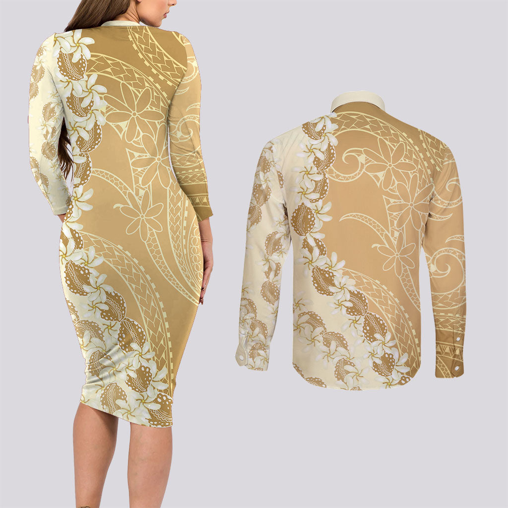 Heiva i Tahiti Couples Matching Long Sleeve Bodycon Dress and Long Sleeve Button Shirt Tahitian Tiare Maori Cowrie Lei Brown LT14 - Polynesian Pride