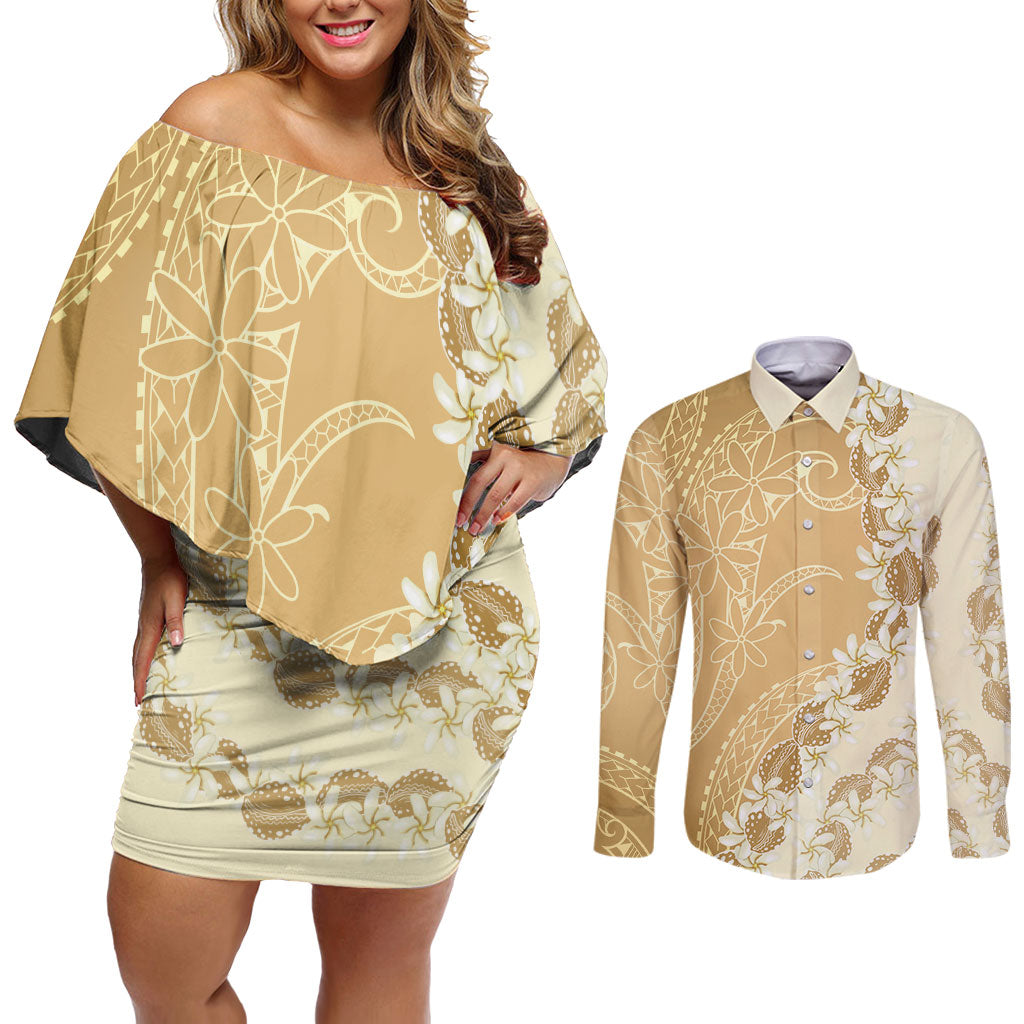 Heiva i Tahiti Couples Matching Off Shoulder Short Dress and Long Sleeve Button Shirt Tahitian Tiare Maori Cowrie Lei Brown