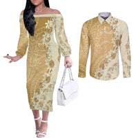 Heiva i Tahiti Couples Matching Off The Shoulder Long Sleeve Dress and Long Sleeve Button Shirt Tahitian Tiare Maori Cowrie Lei Brown LT14 Brown - Polynesian Pride