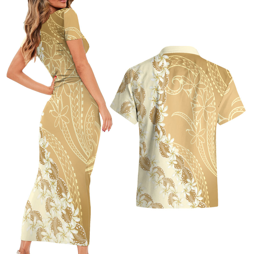 Heiva i Tahiti Couples Matching Short Sleeve Bodycon Dress and Hawaiian Shirt Tahitian Tiare Maori Cowrie Lei Brown LT14 - Polynesian Pride