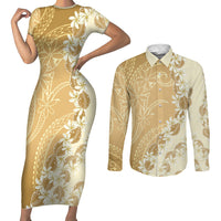 Heiva i Tahiti Couples Matching Short Sleeve Bodycon Dress and Long Sleeve Button Shirt Tahitian Tiare Maori Cowrie Lei Brown LT14 Brown - Polynesian Pride