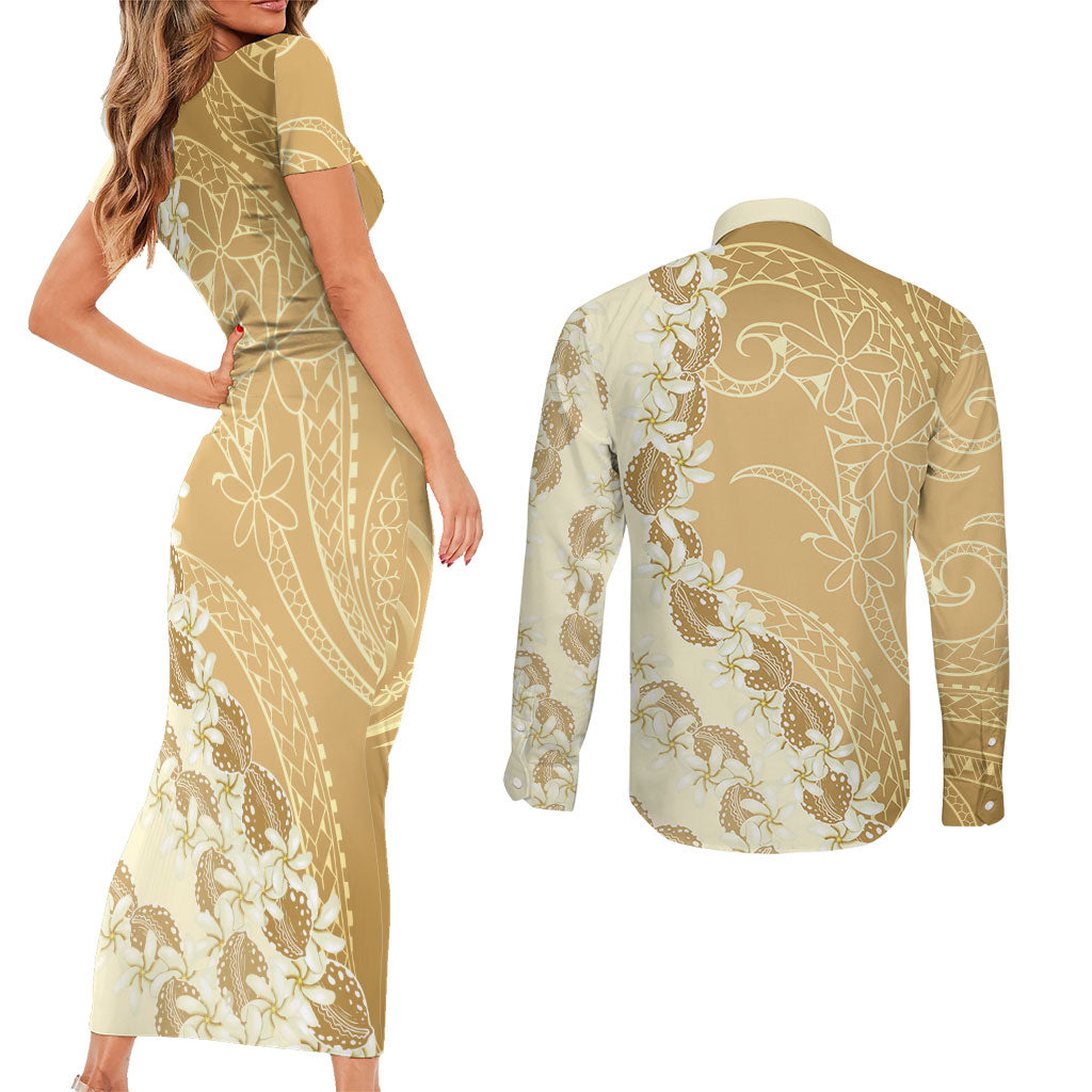 Heiva i Tahiti Couples Matching Short Sleeve Bodycon Dress and Long Sleeve Button Shirt Tahitian Tiare Maori Cowrie Lei Brown LT14 - Polynesian Pride