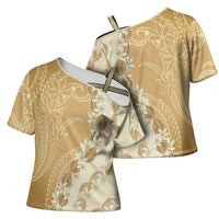 Heiva i Tahiti Cross Shoulder Shirt Tahitian Tiare Maori Cowrie Lei Brown LT14 - Polynesian Pride