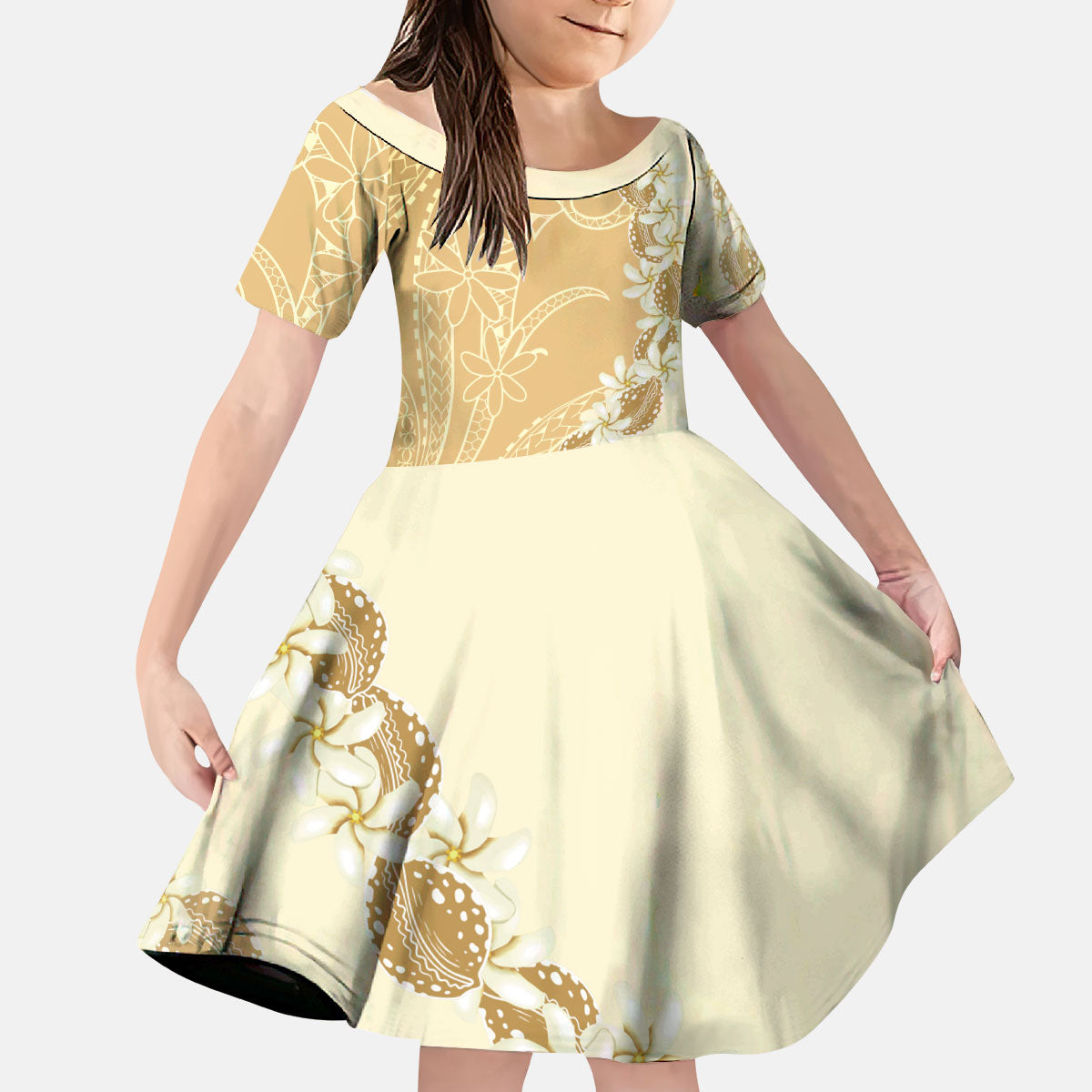 Heiva i Tahiti Kid Short Sleeve Dress Tahitian Tiare Maori Cowrie Lei Brown
