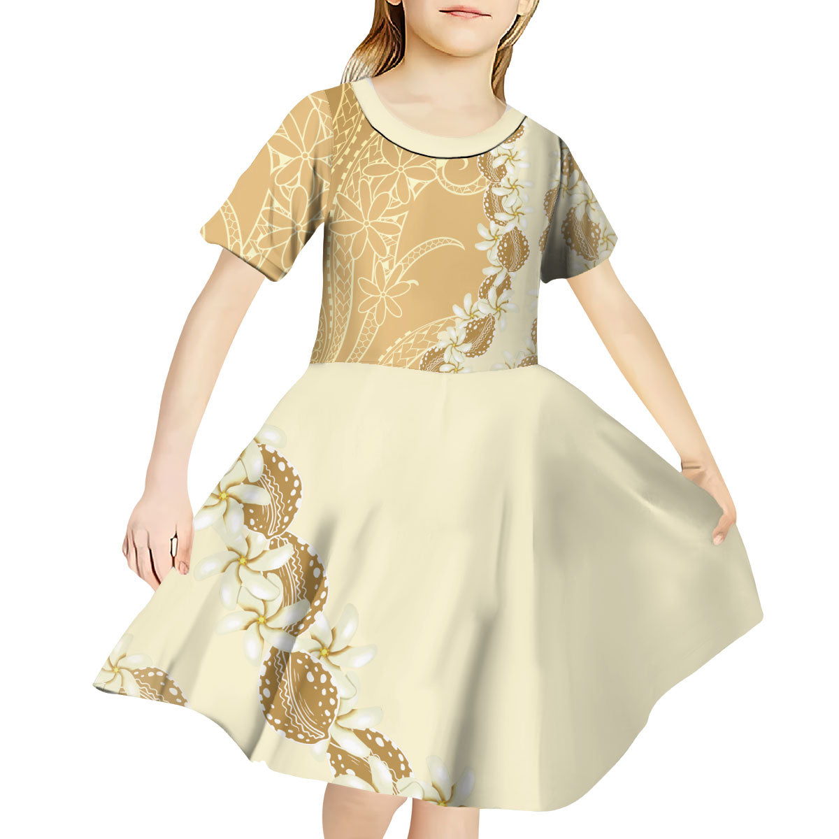 Heiva i Tahiti Kid Short Sleeve Dress Tahitian Tiare Maori Cowrie Lei Brown LT14 - Polynesian Pride