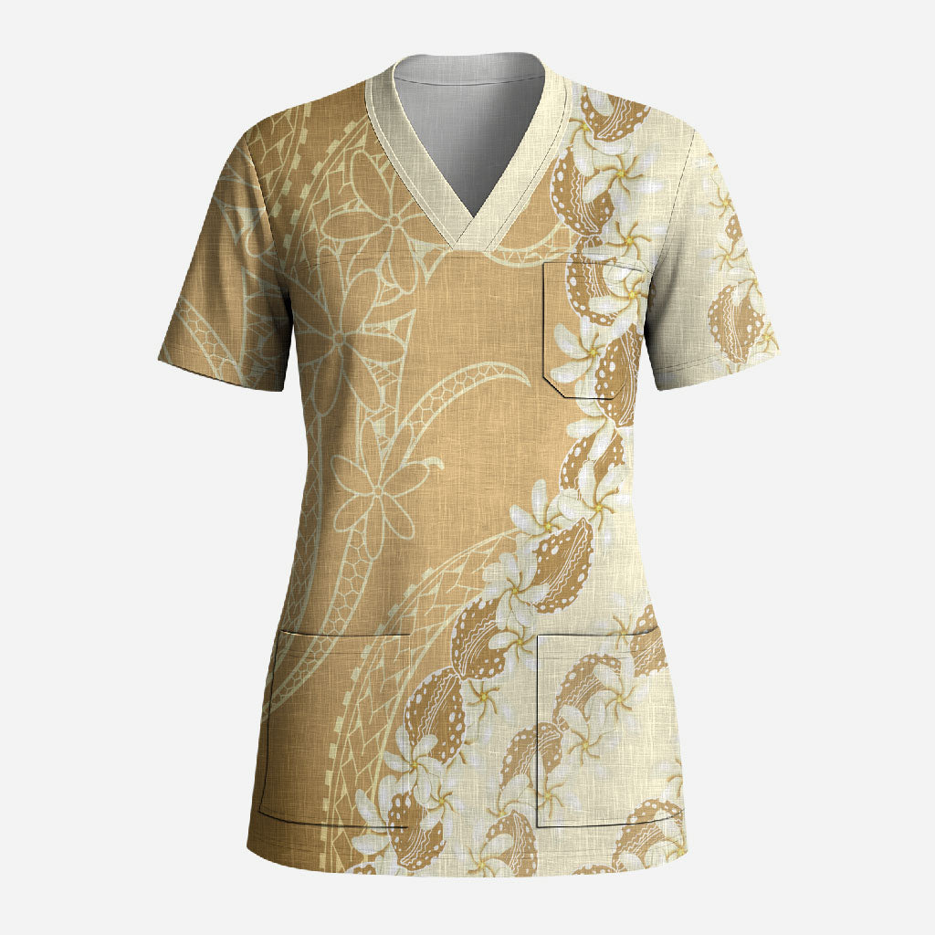 Heiva i Tahiti Scrub Top Tahitian Tiare Maori Cowrie Lei Brown