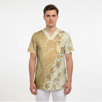 Heiva i Tahiti Scrub Top Tahitian Tiare Maori Cowrie Lei Brown