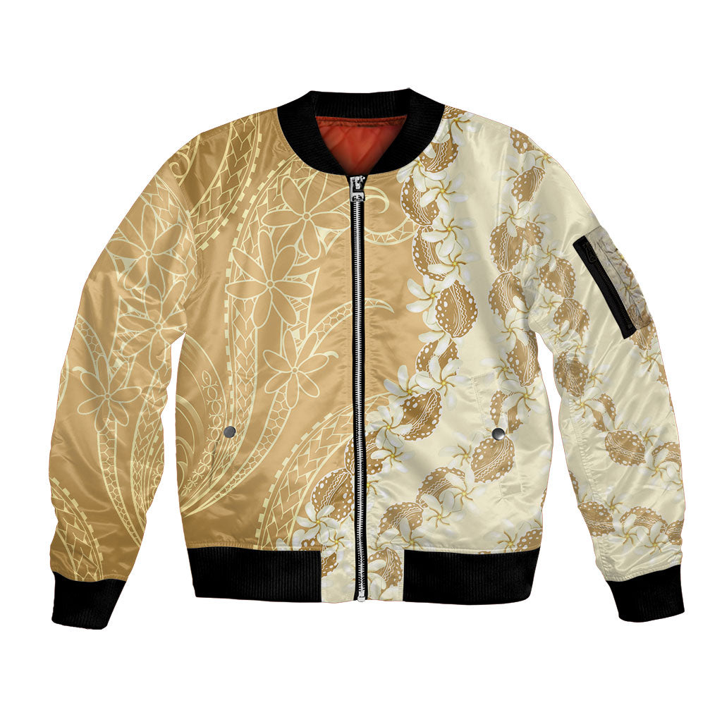 Heiva i Tahiti Sleeve Zip Bomber Jacket Tahitian Tiare Maori Cowrie Lei Brown