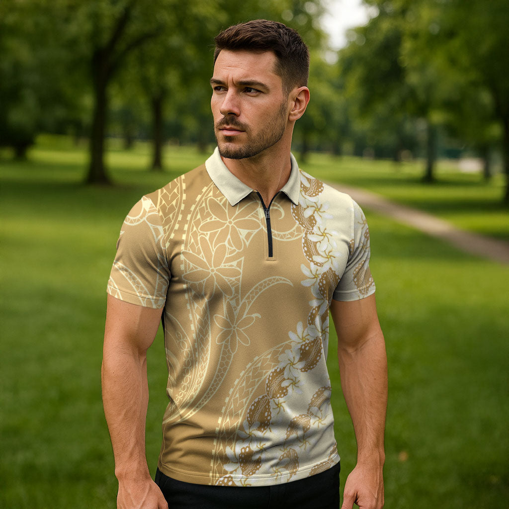 Heiva i Tahiti Zipper Polo Shirt Tahitian Tiare Maori Cowrie Lei Brown LT14 - Polynesian Pride