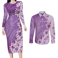 Heiva i Tahiti Couples Matching Long Sleeve Bodycon Dress and Long Sleeve Button Shirt Tahitian Tiare Maori Cowrie Lei Purple LT14 Purple - Polynesian Pride