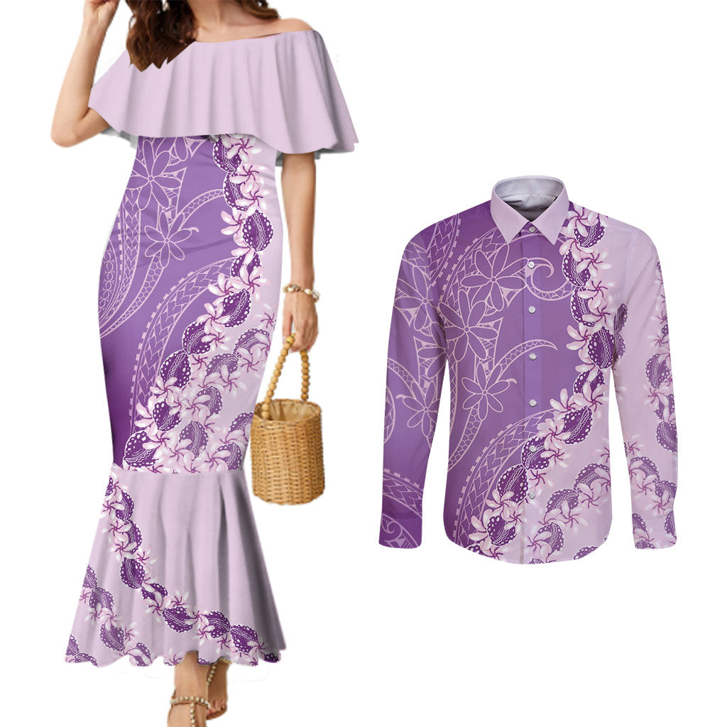 Heiva i Tahiti Couples Matching Mermaid Dress and Long Sleeve Button Shirt Tahitian Tiare Maori Cowrie Lei Purple