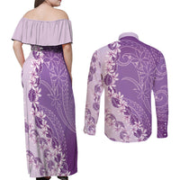 Heiva i Tahiti Couples Matching Off Shoulder Maxi Dress and Long Sleeve Button Shirt Tahitian Tiare Maori Cowrie Lei Purple LT14 - Polynesian Pride