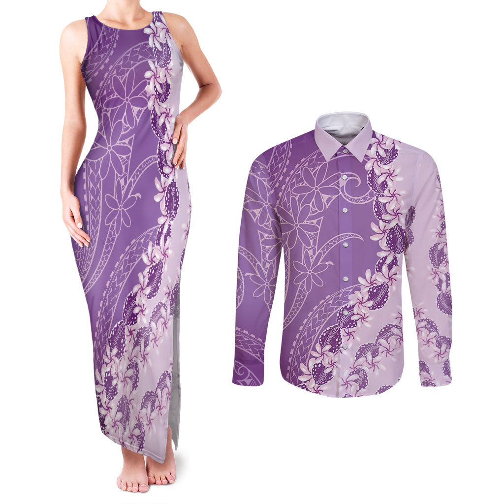 Heiva i Tahiti Couples Matching Tank Maxi Dress and Long Sleeve Button Shirt Tahitian Tiare Maori Cowrie Lei Purple