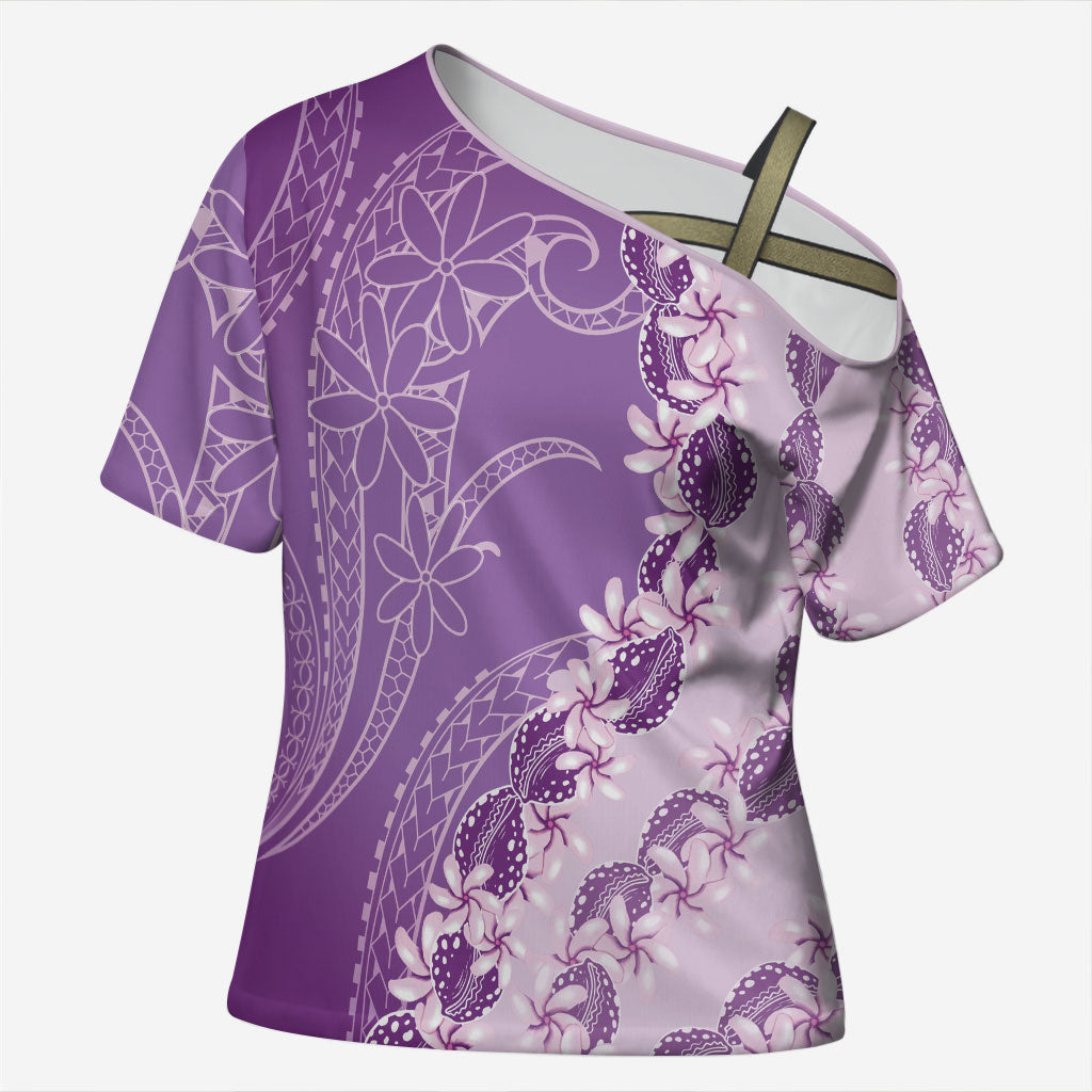 Heiva i Tahiti Cross Shoulder Shirt Tahitian Tiare Maori Cowrie Lei Purple LT14 Female Purple - Polynesian Pride