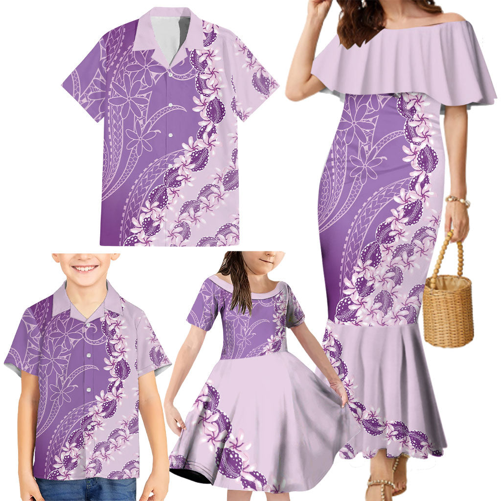 Heiva i Tahiti Family Matching Mermaid Dress and Hawaiian Shirt Tahitian Tiare Maori Cowrie Lei Purple