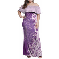 Heiva i Tahiti Family Matching Off Shoulder Maxi Dress and Hawaiian Shirt Tahitian Tiare Maori Cowrie Lei Purple LT14 Mom's Dress Purple - Polynesian Pride