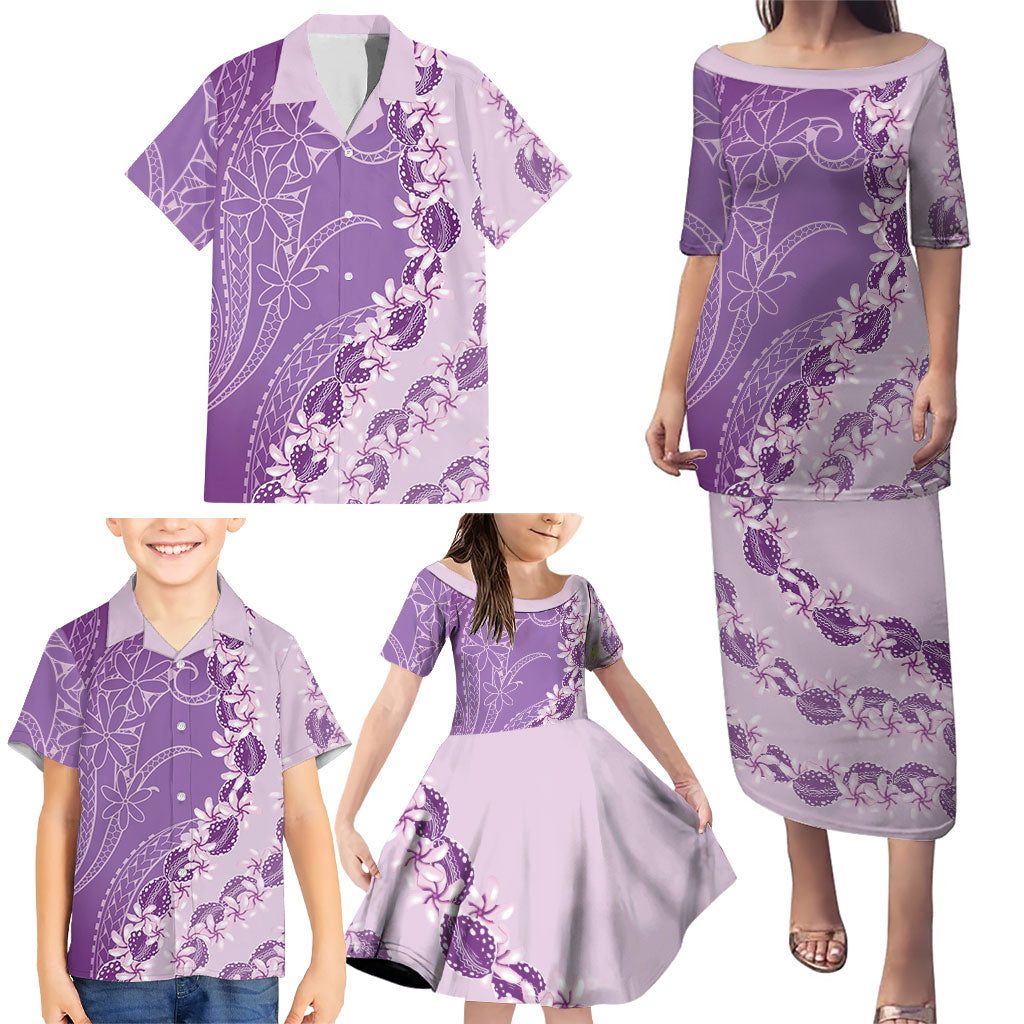 Heiva i Tahiti Family Matching Puletasi and Hawaiian Shirt Tahitian Tiare Maori Cowrie Lei Purple LT14 - Polynesian Pride