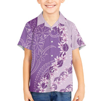 Heiva i Tahiti Family Matching Short Sleeve Bodycon Dress and Hawaiian Shirt Tahitian Tiare Maori Cowrie Lei Purple LT14 Son's Shirt Purple - Polynesian Pride