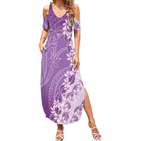 Heiva i Tahiti Family Matching Summer Maxi Dress and Hawaiian Shirt Tahitian Tiare Maori Cowrie Lei Purple LT14 Mom's Dress Purple - Polynesian Pride