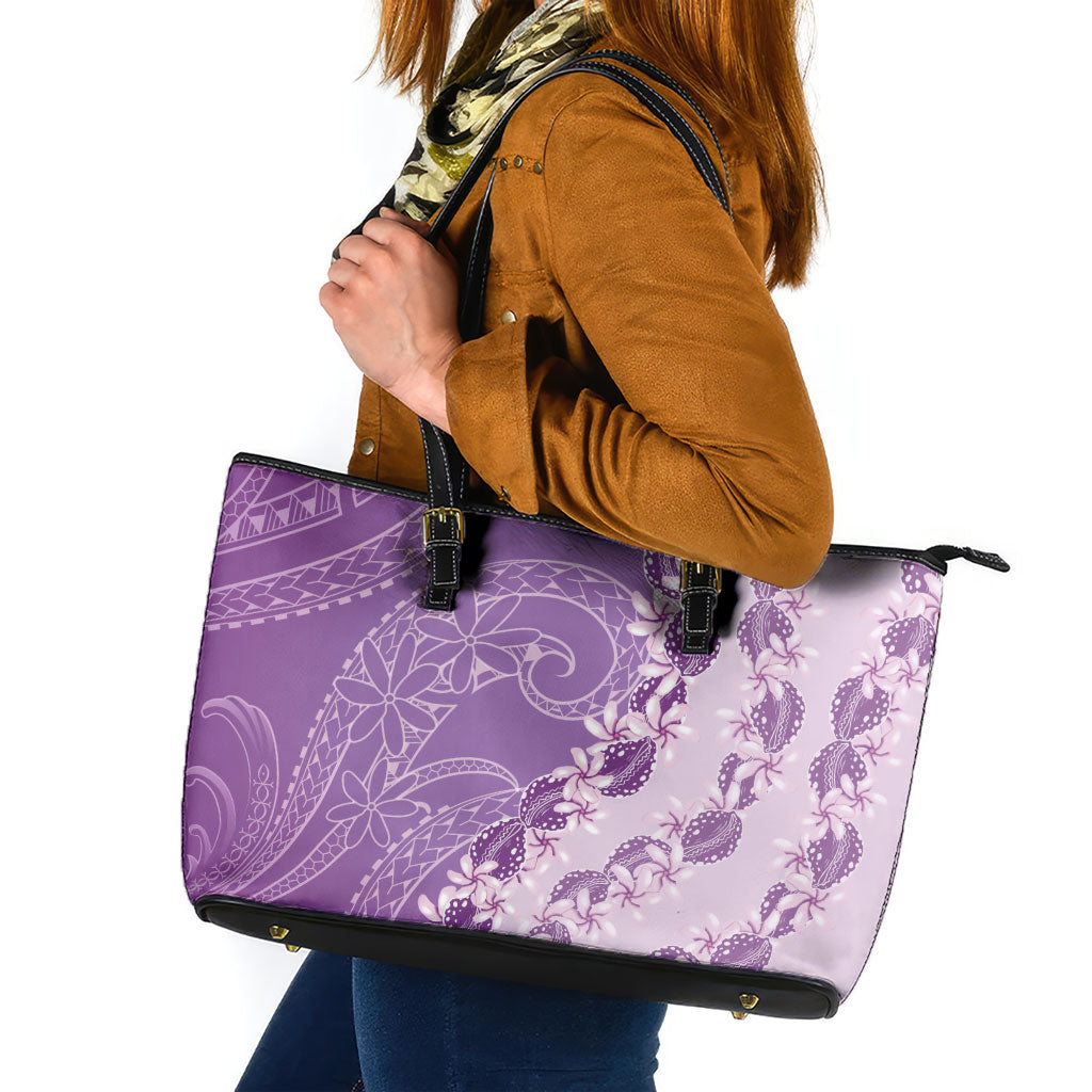 Heiva i Tahiti Leather Tote Bag Tahitian Tiare Maori Cowrie Lei Purple