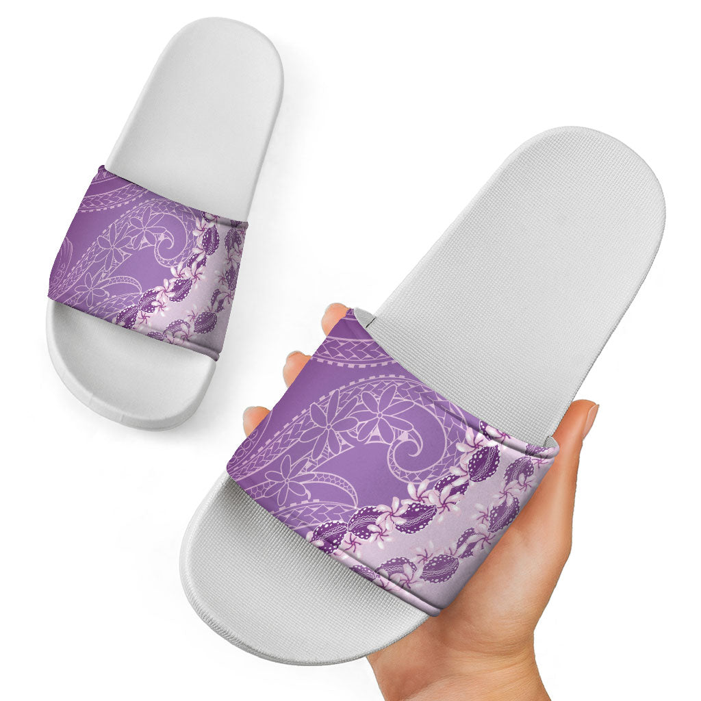 Heiva i Tahiti Slide Sandals Tahitian Tiare Maori Cowrie Lei Purple LT14 - Polynesian Pride