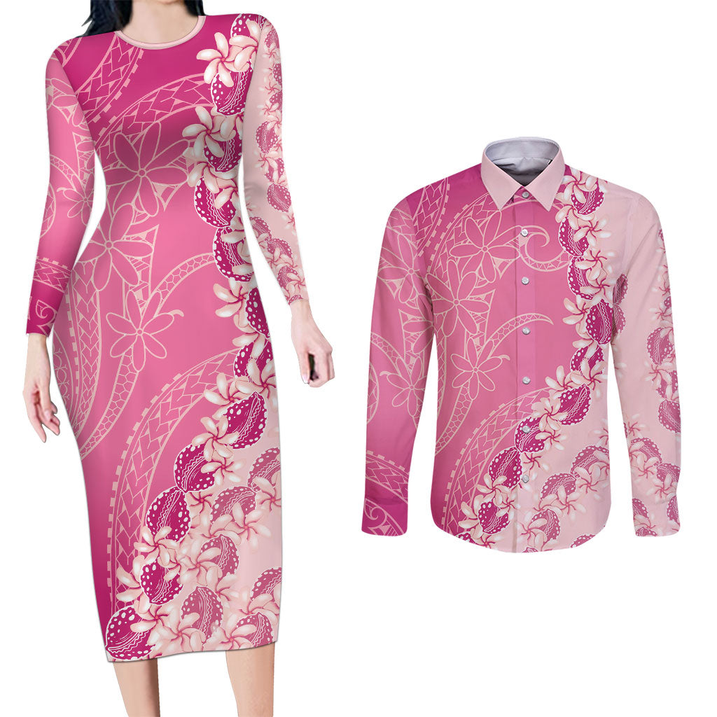 Heiva i Tahiti Couples Matching Long Sleeve Bodycon Dress and Long Sleeve Button Shirt Tahitian Tiare Maori Cowrie Lei Pink